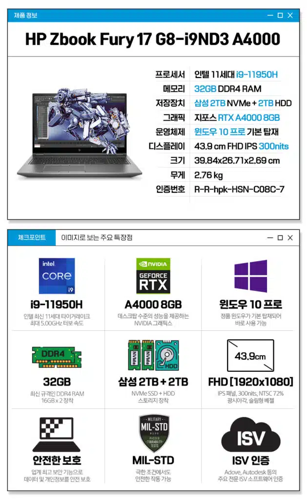 HP Zbook Fury 17 G8 19DN3 A4000 사양