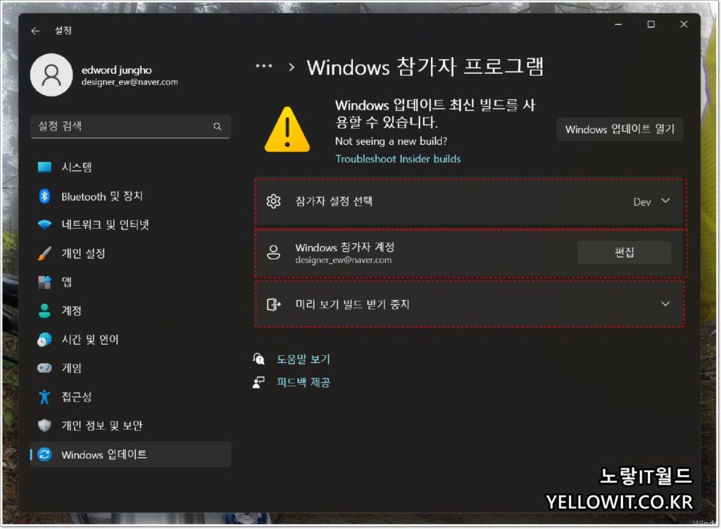 Winodws11 HOME Insider Preview 평가 윈도우 참가자 프로그램 설치 중단 4